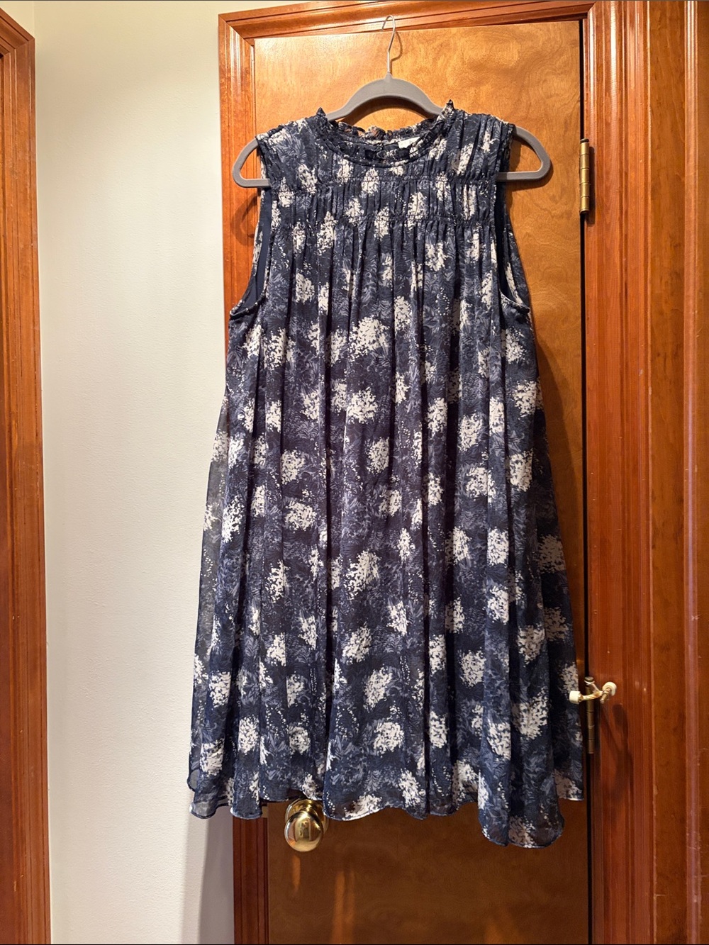 Joie Navy and White Floral Sleeveless Smocked Dress
